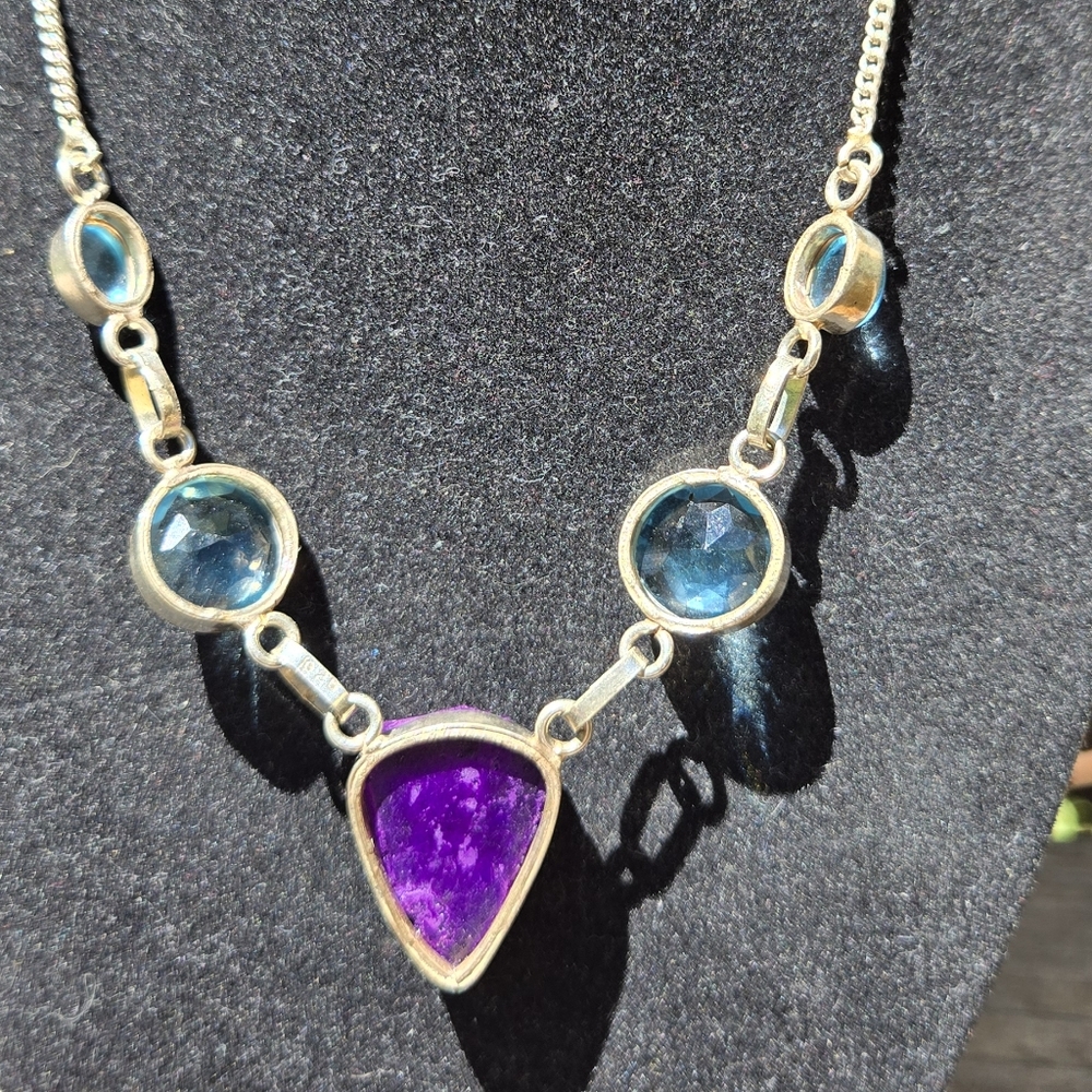 Amethyst Drutzy Topaz & Tanzanite Crystal Gemstone Sterling Necklace 18" - Picture 7 of 9